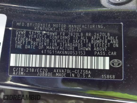 2022 Toyota Camry SE z VIN 4T1G11AK6NU053153, wystawiony jako IAAI lot #41933655 z przebiegiem 44 044 mil mil oraz . Historia ofert i sprzedaży dostępna na DreamBid. Obrazek 9.