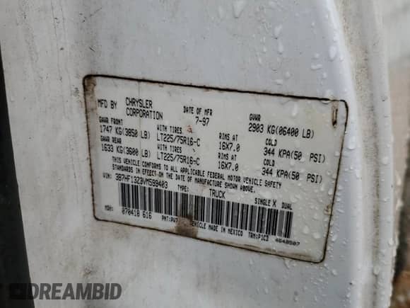 1997 Dodge 1500 с VIN 3B7HF13Z3VM599403, выставлен на аукционе Copart как лот 80933724 с пробегом 222 252 миль миль и Списание • Salvage title. История ставок и продаж доступна на DreamBid. Изображение 14.