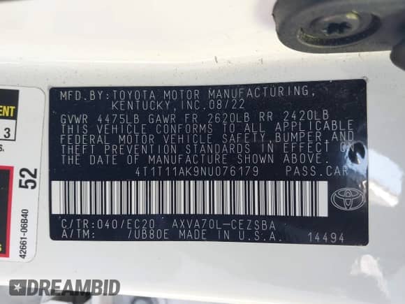 2022 Toyota Camry SE z VIN 4T1T11AK9NU076179, wystawiony jako IAAI lot #42781387 z przebiegiem 64 450 mil mil oraz . Historia ofert i sprzedaży dostępna na DreamBid. Obrazek 9.