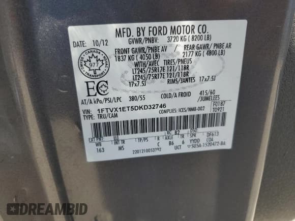 ✅ 2013 Ford F-150 XL • VIN: 1FTVX1ET5DKD32746 • Lot: 63113915. Wystawiony na Copart z przebiegiem 220 466 mil. Bezpłatny archiwum sprzedaży aukcyjnych z USA i szczegółowy raport historii pojazdu na DreamBid. Zdjęcie 12.