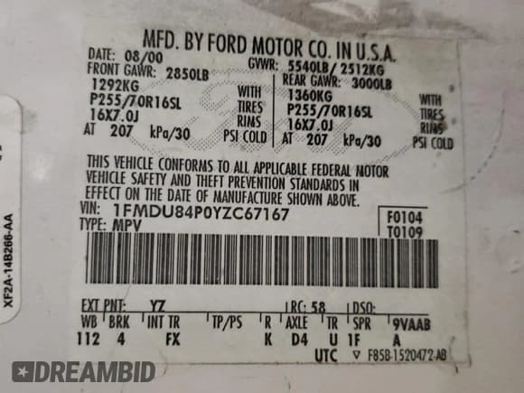 ✅ 2000 Ford Explorer Eddie Bauer • VIN: 1FMDU84P0YZC67167 • Лот: 85806684. Опубликован ранее на Copart с пробегом 156 411 миль. Бесплатный доступ к архиву аукционных продаж из США и подробный отчёт об истории автомобиля на DreamBid. Изображение 13.