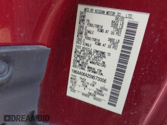 ✅ 2005 Nissan Titan SE • VIN: 1N6AA06A25N573006 • Lot: 43753269. Listed on IAAI with 268,794 mi. Free auction sales archive from the USA and detailed vehicle history report at DreamBid. Image 9.