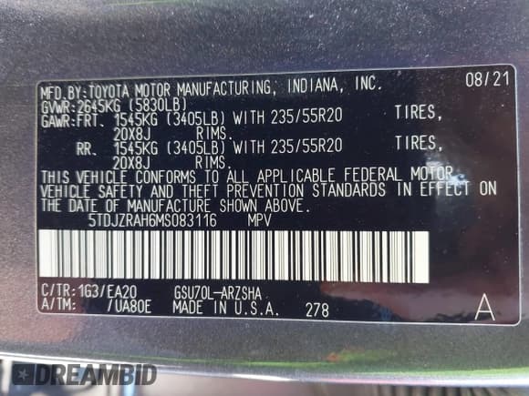 ✅ 2021 Toyota Highlander XSE • VIN: 5TDJZRAH6MS083116 • Lot: 43610147. Listed on IAAI with 87,661 mi. Free auction sales archive from the USA and detailed vehicle history report at DreamBid. Image 9.