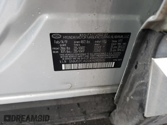 ✅ 2019 Hyundai Santa Fe SE • VIN: 5NMS2CAD0KH090565 • Lot: 55719134. Wystawiony na Copart z przebiegiem 70 774 mil. Bezpłatny archiwum sprzedaży aukcyjnych z USA i szczegółowy raport historii pojazdu na DreamBid. Zdjęcie 12.