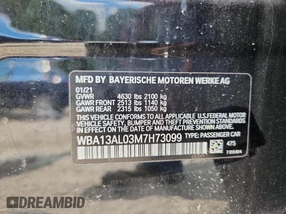✅ 2021 BMW 2 Series M235i xDrive • VIN: WBA13AL03M7H73099 • Lot: 63766905. Listed on Copart with 50,887 mi. Free auction sales archive from the USA and detailed vehicle history report at DreamBid. Image 13.