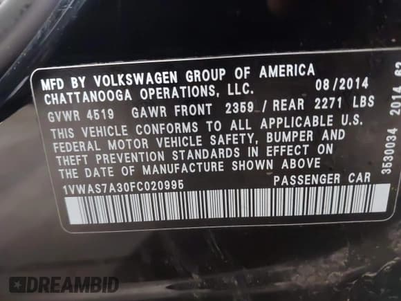 ✅ 2015 Volkswagen Passat S • VIN: 1VWAS7A30FC020995 • Lot: 42348252. Listed on IAAI with 177,806 mi. Free auction sales archive from the USA and detailed vehicle history report at DreamBid. Image 9.