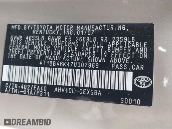 ✅ 2007 Toyota Camry • VIN: 4T1BB46K47U007969 • Lot: 43717517. Listed on IAAI with 228,606 mi. Free auction sales archive from the USA and detailed vehicle history report at DreamBid. Image 9.