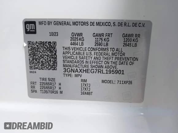 2024 Chevrolet Equinox LS with VIN 3GNAXHEG7RL195901, listed as a IAAI auction lot 43104808 with 20,593 mi miles and . Bid and sale history available at DreamBid. Image 9.