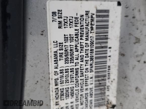 ✅ 2008 Honda Odyssey Touring • VIN: 5FNRL38918B109017 • Lot: 85338895. Wystawiony na Copart z przebiegiem Nie podano. Bezpłatny archiwum sprzedaży aukcyjnych z USA i szczegółowy raport historii pojazdu na DreamBid. Zdjęcie 13.