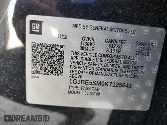 ✅ 2019 Chevrolet Cruze LT • VIN: 1G1BE5SM0K7125641 • Лот: 91841925. Опубликован ранее на Copart с пробегом 68 980 миль. Бесплатный доступ к архиву аукционных продаж из США и подробный отчёт об истории автомобиля на DreamBid. Изображение 12.