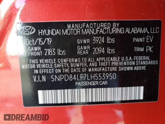 2020 Hyundai Elantra SEL with VIN 5NPD84LF7LH553950, listed as a Copart auction lot 87490024 with 94,058 mi miles and Salvage title. Bid and sale history available at DreamBid. Image 12.