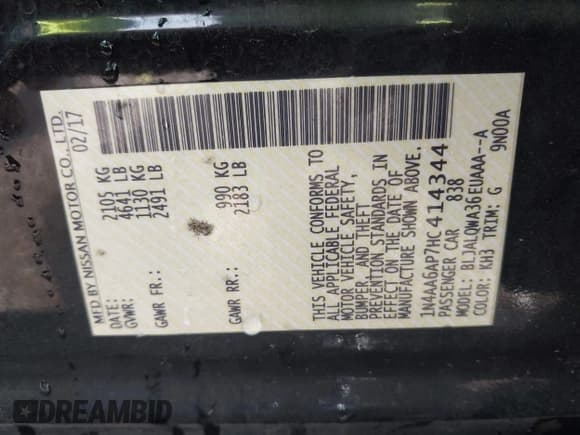 ✅ 2017 Nissan Maxima S • VIN: 1N4AA6AP7HC414344 • Lot: 42436531. Listed on IAAI with 97,318 mi. Free auction sales archive from the USA and detailed vehicle history report at DreamBid. Image 9.