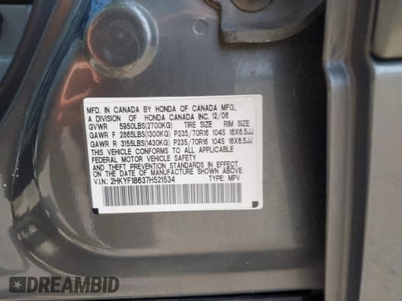 ✅ 2007 Honda Pilot EX-L • VIN: 2HKYF18637H521534 • Lot: 42802543. Wystawiony na IAAI z przebiegiem 167 745 mil. Bezpłatny archiwum sprzedaży aukcyjnych z USA i szczegółowy raport historii pojazdu na DreamBid. Zdjęcie 9.
