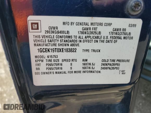✅ 1999 Chevrolet Silverado 1500 LT • VIN: 1GCEK19T0XE183822 • Лот: 61698564. Опубликован ранее на Copart с пробегом 262 583 миль. Бесплатный доступ к архиву аукционных продаж из США и подробный отчёт об истории автомобиля на DreamBid. Изображение 12.