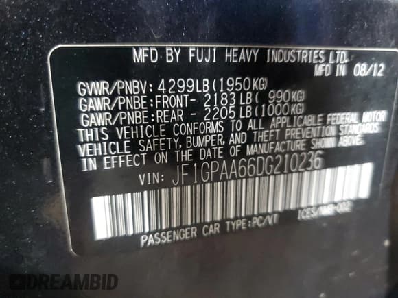 ✅ 2013 Subaru Impreza 2.0i • VIN: JF1GPAA66DG210236 • Лот: 55723205. Опубликован ранее на Copart с пробегом 211 130 миль. Бесплатный доступ к архиву аукционных продаж из США и подробный отчёт об истории автомобиля на DreamBid. Изображение 13.