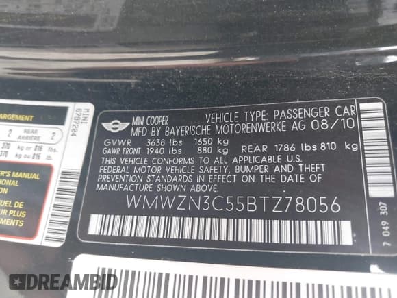 ✅ 2011 MINI Convertible • VIN: WMWZN3C55BTZ78056 • Lot: 42698584. Listed on IAAI with 145,375 mi. Free auction sales archive from the USA and detailed vehicle history report at DreamBid. Image 9.