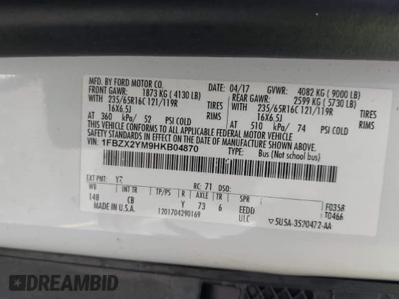 ✅ 2017 Ford Transit XL • VIN: 1FBZX2YM9HKB04870 • Lot: 41508487. Wystawiony na IAAI z przebiegiem 105 714 mil. Bezpłatny archiwum sprzedaży aukcyjnych z USA i szczegółowy raport historii pojazdu na DreamBid. Zdjęcie 9.