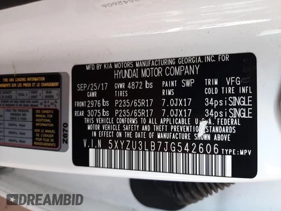 ✅ 2018 Hyundai Santa Fe 2.4L • VIN: 5XYZU3LB7JG542606 • Лот: 43075353. Опубликован ранее на Copart с пробегом Не указан. Бесплатный доступ к архиву аукционных продаж из США и подробный отчёт об истории автомобиля на DreamBid. Изображение 14.