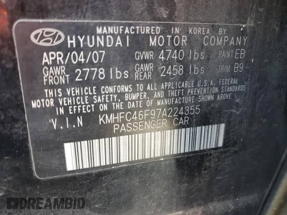 2007 Hyundai Azera SE с VIN KMHFC46F97A224355, выставлен на аукционе Copart как лот 54167585 с пробегом 178 839 миль миль и Списание • Salvage title. История ставок и продаж доступна на DreamBid. Изображение 12.