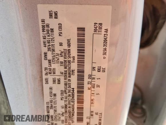 ✅ 2020 Ford F-250 XL • VIN: 1FT7W2A6XLED68544 • Lot: 71995335. Listed on Copart with 87,745 mi. Free auction sales archive from the USA and detailed vehicle history report at DreamBid. Image 12.