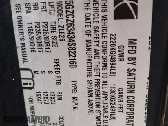 2004 Saturn VUE V6 z VIN 5GZCZ63434S822160, wystawiony jako Copart lot #83858724 z przebiegiem Nie podano mil oraz Nie do naprawy • Non repairable. Historia ofert i sprzedaży dostępna na DreamBid. Obrazek 13.