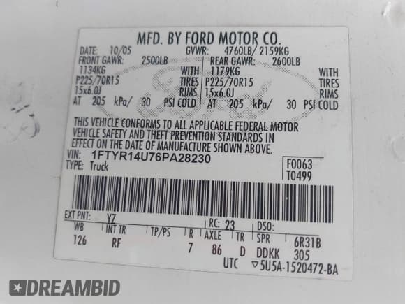 ✅ 2006 Ford Ranger XL • VIN: 1FTYR14U76PA28230 • Лот: 42722860. Опубликован ранее на IAAI с пробегом 105 760 миль. Бесплатный доступ к архиву аукционных продаж из США и подробный отчёт об истории автомобиля на DreamBid. Изображение 9.