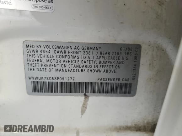 ✅ 2008 Volkswagen Passat • VIN: WVWUK73C58P091277 • Lot: 70559715. Wystawiony na Copart z przebiegiem 185 773 mil. Bezpłatny archiwum sprzedaży aukcyjnych z USA i szczegółowy raport historii pojazdu na DreamBid. Zdjęcie 12.