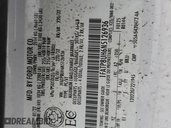 ✅ 2022 Ford Mustang EcoBoost • VIN: 1FATP8UH6N5126936 • Lot: 80454494. Wystawiony na Copart z przebiegiem Nie podano. Bezpłatny archiwum sprzedaży aukcyjnych z USA i szczegółowy raport historii pojazdu na DreamBid. Zdjęcie 12.