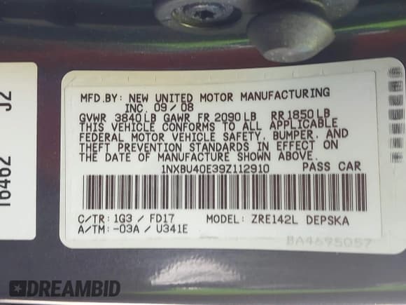 ✅ 2009 Toyota Corolla LE • VIN: 1NXBU40E39Z112910 • Лот: 43401347. Опубликован ранее на IAAI с пробегом 197 336 миль. Бесплатный доступ к архиву аукционных продаж из США и подробный отчёт об истории автомобиля на DreamBid. Изображение 9.