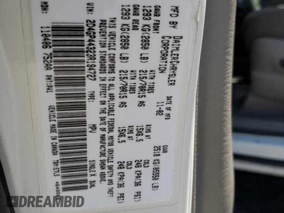 ✅ 2003 Dodge Caravan Sport • VIN: 2D4GP44323R194727 • Lot: 71705665. Listed on Copart with 158,671 mi. Free auction sales archive from the USA and detailed vehicle history report at DreamBid. Image 12.