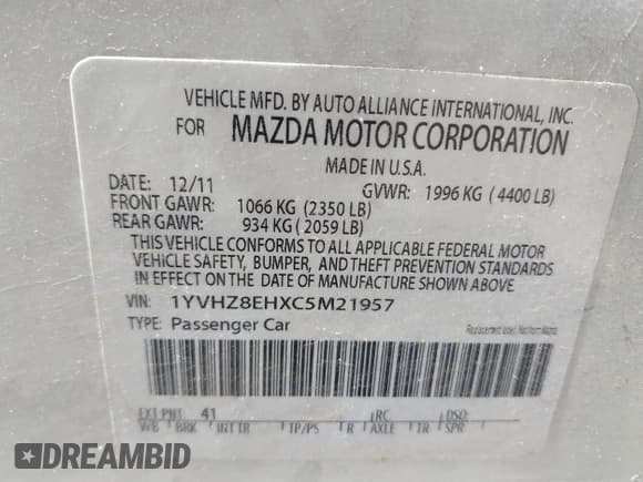 ✅ 2012 Mazda 6 i Touring Plus • VIN: 1YVHZ8EHXC5M21957 • Лот: 41774460. Опубликован ранее на IAAI с пробегом 140 093 миль. Бесплатный доступ к архиву аукционных продаж из США и подробный отчёт об истории автомобиля на DreamBid. Изображение 9.