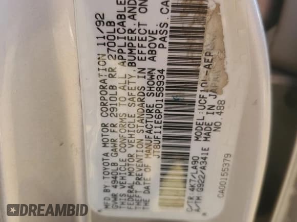 ✅ 1993 Lexus LS • VIN: JT8UF11E6P0158934 • Lot: 59999515. Listed on Copart with Not provided. Free auction sales archive from the USA and detailed vehicle history report at DreamBid. Image 12.