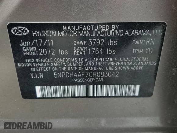 2012 Hyundai Elantra Limited with VIN 5NPDH4AE7CH083042, listed as a Copart auction lot 70300425 with 166,143 mi miles and Salvage title. Bid and sale history available at DreamBid. Image 12.