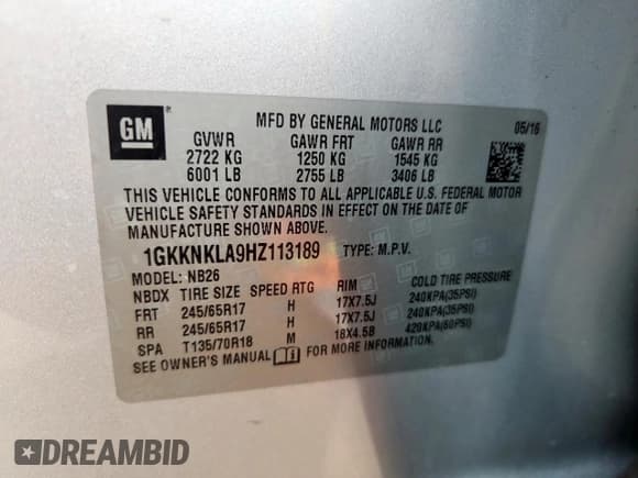 ✅ 2017 GMC Acadia SLE • VIN: 1GKKNKLA9HZ113189 • Lot: 85091765. Listed on Copart with 103,049 mi. Free auction sales archive from the USA and detailed vehicle history report at DreamBid. Image 13.