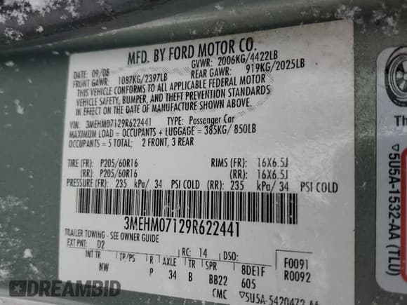 ✅ 2009 Mercury Milan • VIN: 3MEHM07129R622441 • Lot: 43667145. Listed on Copart with 145,305 mi. Free auction sales archive from the USA and detailed vehicle history report at DreamBid. Image 13.