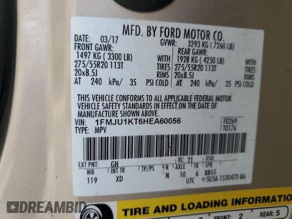 ✅ 2017 Ford Expedition Limited • VIN: 1FMJU1KT6HEA60056 • Лот: 81563305. Опубликован ранее на Copart с пробегом Не указан. Бесплатный доступ к архиву аукционных продаж из США и подробный отчёт об истории автомобиля на DreamBid. Изображение 13.