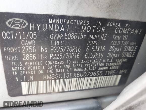 2006 Hyundai Santa Fe GLS z VIN KM8SC13EX6U079655, wystawiony jako IAAI lot #43036642 z przebiegiem 99 517 mil mil oraz . Historia ofert i sprzedaży dostępna na DreamBid. Obrazek 9.