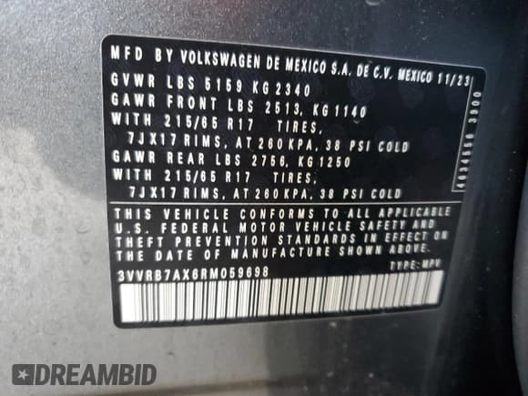 ✅ 2024 Volkswagen Tiguan S • VIN: 3VVRB7AX6RM059698 • Lot: 48455235. Wystawiony na Copart z przebiegiem 34 344 mil. Bezpłatny archiwum sprzedaży aukcyjnych z USA i szczegółowy raport historii pojazdu na DreamBid. Zdjęcie 13.