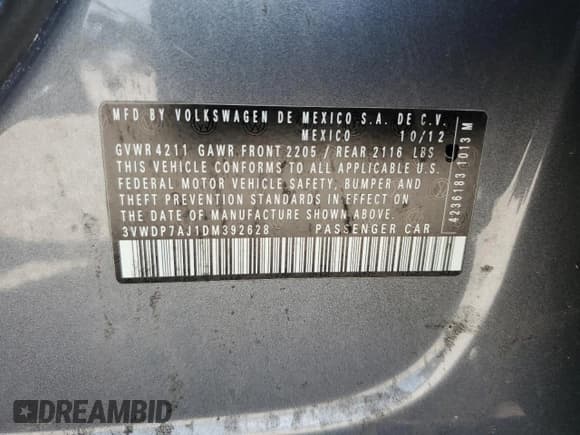 ✅ 2013 Volkswagen Jetta SE • VIN: 3VWDP7AJ1DM392628 • Lot: 65771255. Listed on Copart with 169,567 mi. Free auction sales archive from the USA and detailed vehicle history report at DreamBid. Image 13.