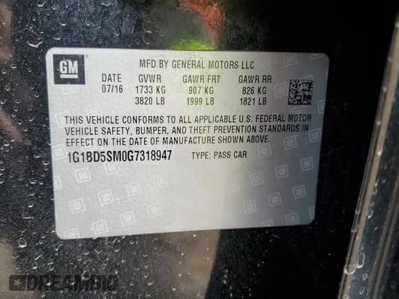 2016 Chevrolet Cruze LT с VIN 1G1BD5SM0G7318947, выставлен на аукционе Copart как лот 71480005 с пробегом 98 840 миль миль и Списание • Salvage title. История ставок и продаж доступна на DreamBid. Изображение 12.