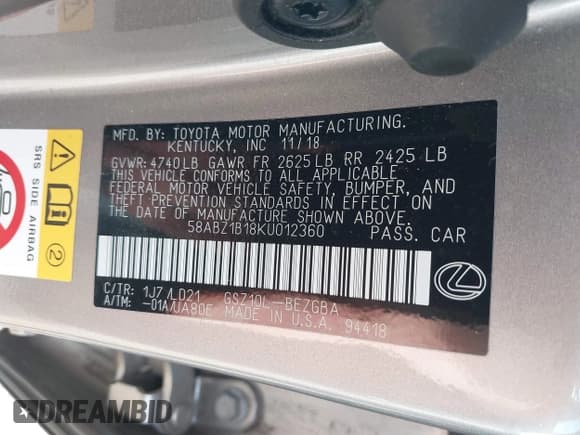 ✅ 2019 Lexus ES 350 • VIN: 58ABZ1B18KU012360 • Лот: 43454779. Опубликован ранее на IAAI с пробегом 33 421 миль. Бесплатный доступ к архиву аукционных продаж из США и подробный отчёт об истории автомобиля на DreamBid. Изображение 9.