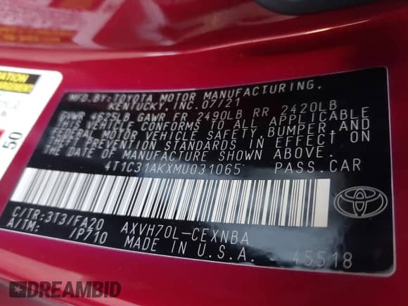 2021 Toyota Camry Hybrid LE с VIN 4T1C31AKXMU031065, выставлен на аукционе IAAI как лот 42348748 с пробегом 119 349 миль миль и . История ставок и продаж доступна на DreamBid. Изображение 9.