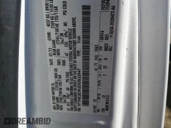 ✅ 2013 Ford Econoline Cargo Commercial • VIN: 1FTNE2EW2DDB22647 • Lot: 87264995. Listed on Copart with 190,620 mi. Free auction sales archive from the USA and detailed vehicle history report at DreamBid. Image 13.