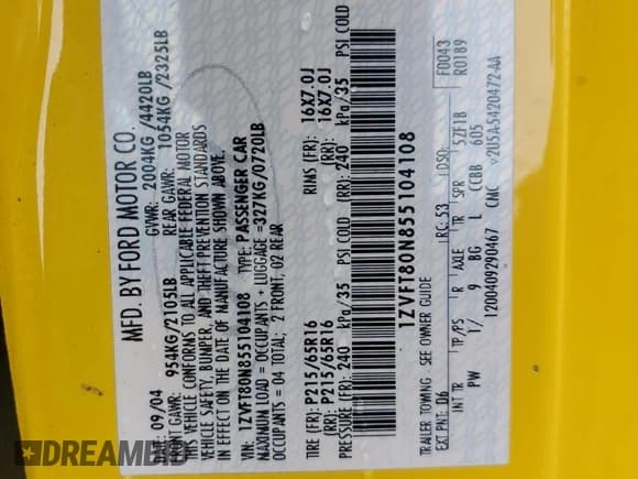 ✅ 2005 Ford Mustang Deluxe • VIN: 1ZVFT80N855104108 • Lot: 59706465. Wystawiony na Copart z przebiegiem 195 070 mil. Bezpłatny archiwum sprzedaży aukcyjnych z USA i szczegółowy raport historii pojazdu na DreamBid. Zdjęcie 12.