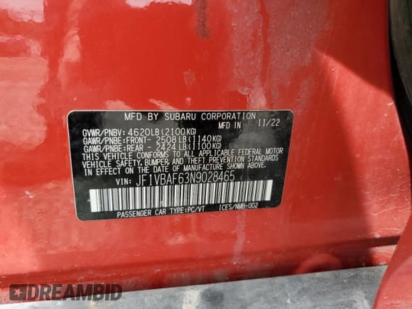 ✅ 2022 Subaru WRX Premium • VIN: JF1VBAF63N9028465 • Lot: 54759625. Wystawiony na Copart z przebiegiem Nie podano. Bezpłatny archiwum sprzedaży aukcyjnych z USA i szczegółowy raport historii pojazdu na DreamBid. Zdjęcie 12.