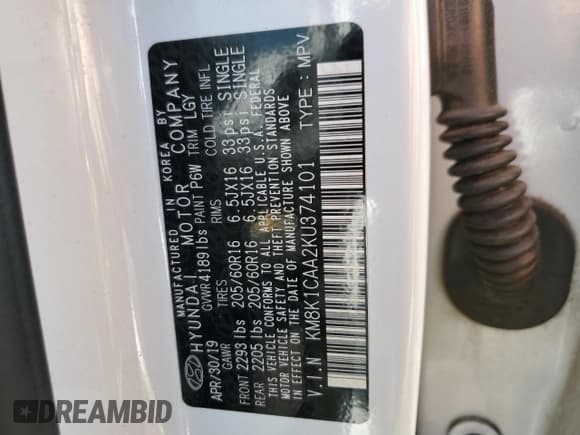 ✅ 2019 Hyundai Kona SE • VIN: KM8K1CAA2KU374101 • Лот: 70712853. Опубликован ранее на Copart с пробегом 66 287 миль. Бесплатный доступ к архиву аукционных продаж из США и подробный отчёт об истории автомобиля на DreamBid. Изображение 12.