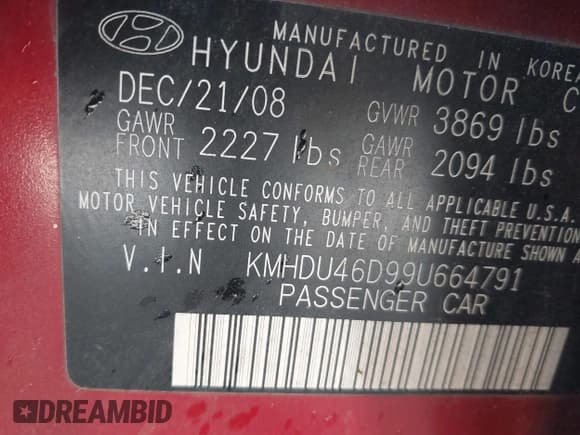 ✅ 2009 Hyundai Elantra GLS • VIN: KMHDU46D99U664791 • Lot: 43587728. Listed on IAAI with 231,809 mi. Free auction sales archive from the USA and detailed vehicle history report at DreamBid. Image 9.