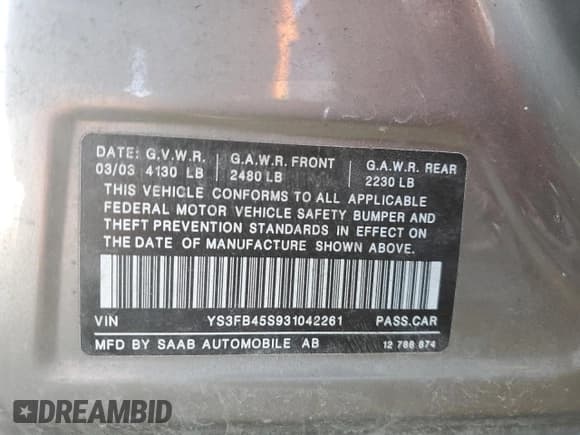 ✅ 2003 Saab 9-3 Linear • VIN: YS3FB45S931042261 • Lot: 44237725. Wystawiony na Copart z przebiegiem 79 381 mil. Bezpłatny archiwum sprzedaży aukcyjnych z USA i szczegółowy raport historii pojazdu na DreamBid. Zdjęcie 12.