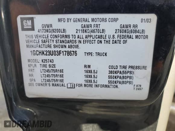 2003 Chevrolet Silverado 2500HD LS with VIN 1GCHK23U03F178676, listed as a Copart auction lot 90282235 with 320,071 mi miles and Salvage title. Bid and sale history available at DreamBid. Image 12.