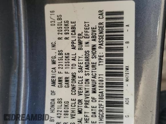 ✅ 2016 Honda Accord EX • VIN: 1HGCR2F78GA180871 • Lot: 90759565. Listed on Copart with 125,881 mi. Free auction sales archive from the USA and detailed vehicle history report at DreamBid. Image 12.